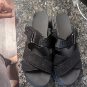 UGG Black Suede Cross-Strap Slide Sandals